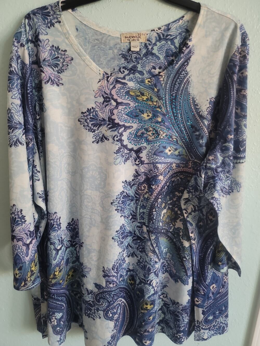 One World Womens Plus 5XL 30/32 Top Blue Paisley Studded Boho Y2K Relaxed